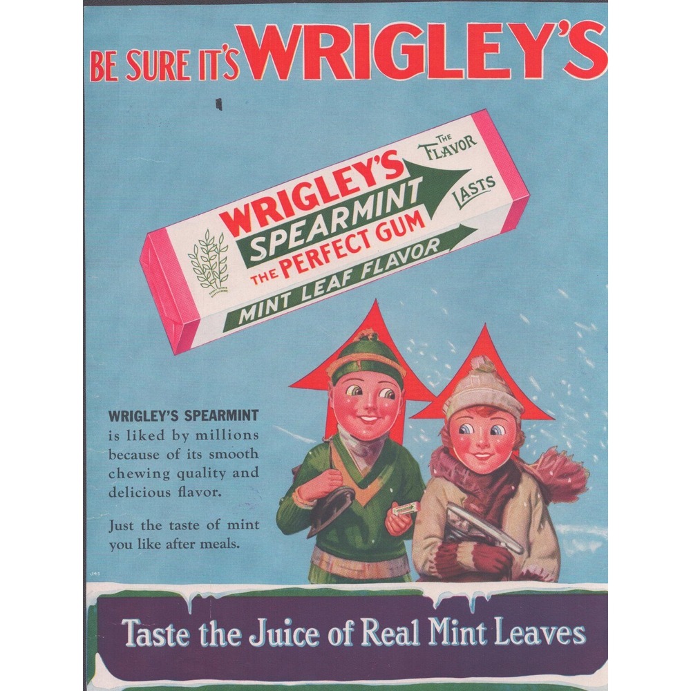 Vintage Wrigleys Spearmint Gum Advertisement Print Retro Winter Scene Art